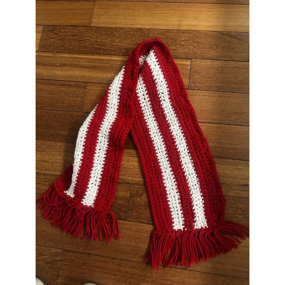Handmade Crimson And White Crocheted Scarf - Picture 1 of 4